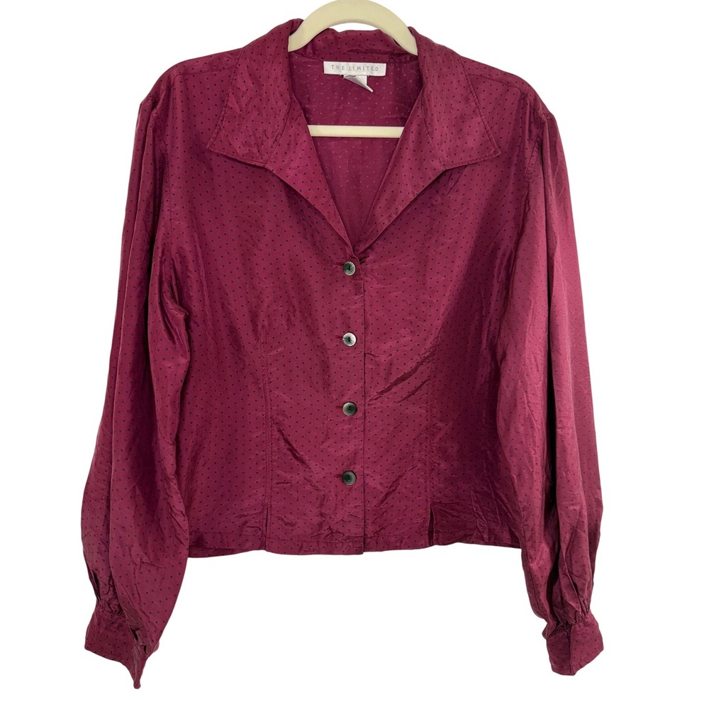 The Limited Silk Blouse Women Large Burgundy Polka Dot Excellent Balloon Sleeve